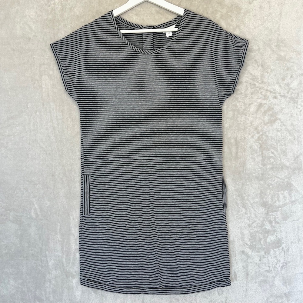 Garnet Hill Dress Women's Medium Gray Striped Short Sleeve Zip Up Pocket Mini
